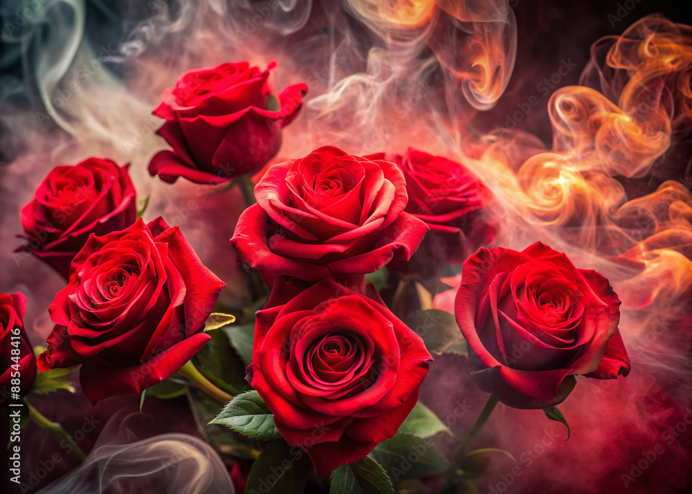Vibrant red garden roses surround by fiery red smoke, evoking romance and festive spirit, perfect for greeting cards, invitations, and holiday decorations. Vibrant red garden roses surround by fiery red smoke, evoking romance and festive spirit, perfect for greeting cards, invitations, and holiday decorations.