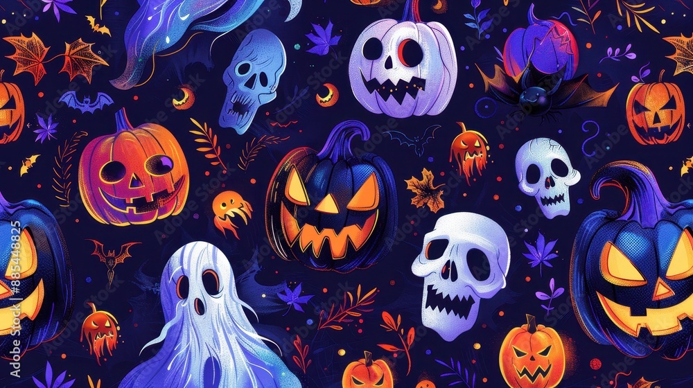 Halloween Pattern with Pumpkins, Skulls, Ghosts and Bats Halloween Pattern with Pumpkins, Skulls, Ghosts and Bats