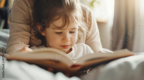 Parent and child reading a book together, cozy home setting, highlighting understanding and encouragement, Family support, Bonding moments