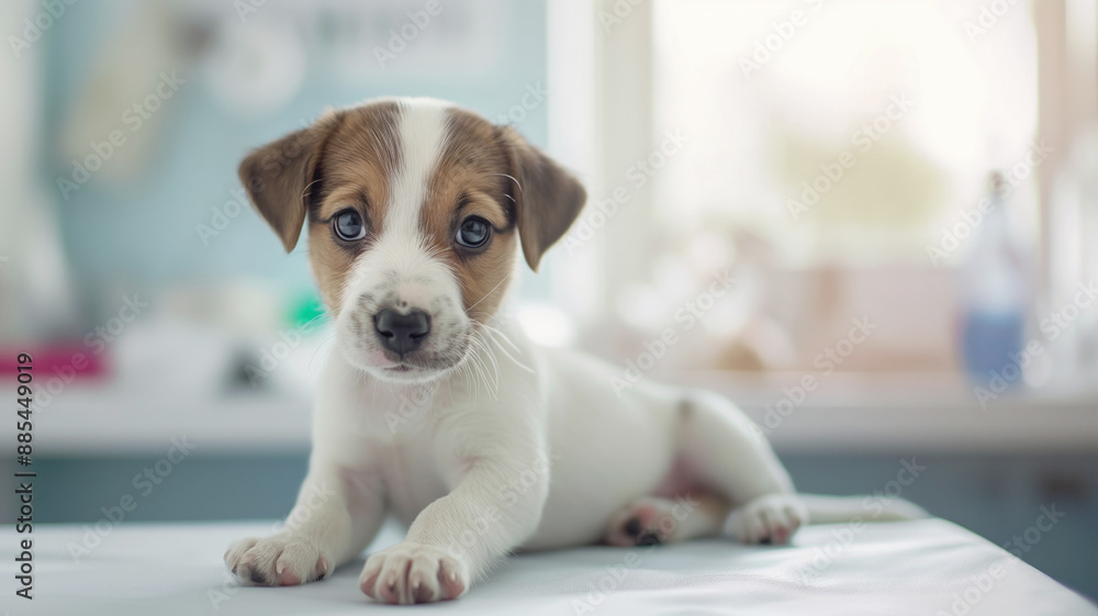 Adorable Jack Russell puppy lying down on a table in a bright room with a blurred background. Showcasing the puppy's cute and curious expression Adorable Jack Russell puppy lying down on a table in a bright room with a blurred background. Showcasing the puppy's cute and curious expression