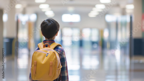 Young boy with a yellow backpack standing in a school hallway looking forward. Capturing the anticipation and excitement of a new school day in a brightly lit corridor