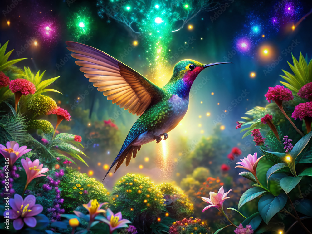 Vibrant hummingbird hovers amidst glowing flowers and lush greenery in a whimsical garden, illuminated by mesmerizing neon lights, capturing the magic of a tropical paradise. Vibrant hummingbird hovers amidst glowing flowers and lush greenery in a whimsical garden, illuminated by mesmerizing neon lights, capturing the magic of a tropical paradise.