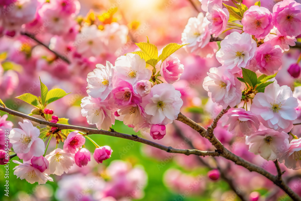 Vibrant pink and white cherry blossoms unfurl amidst lush greenery, creating a stunning, whimsical spring tapestry, perfect for botanical and seasonal design concepts. Vibrant pink and white cherry blossoms unfurl amidst lush greenery, creating a stunning, whimsical spring tapestry, perfect for botanical and seasonal design concepts.