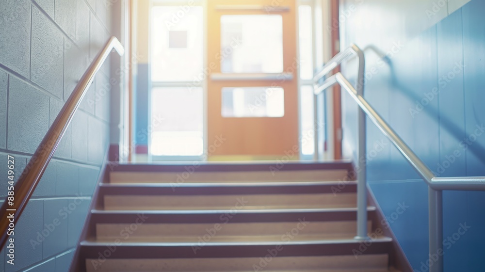Stairway in a school building leading up to a door with sunlight streaming through the windows. Clean and bright environment highlighting the path towards new opportunities Stairway in a school building leading up to a door with sunlight streaming through the windows. Clean and bright environment highlighting the path towards new opportunities
