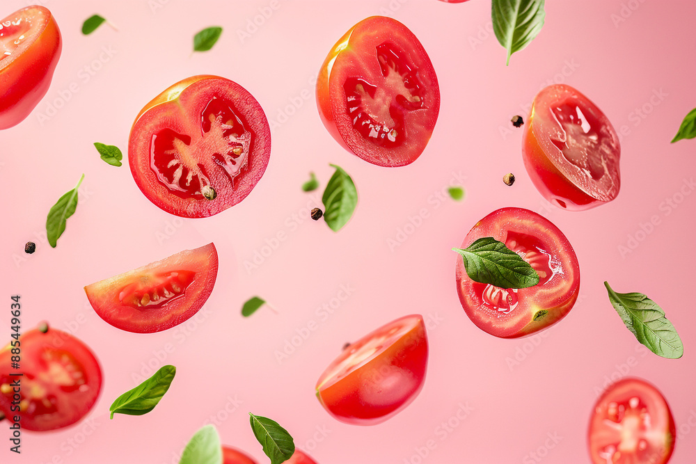 tomato slices with leaves floating in the air tomato slices with leaves floating in the air