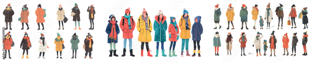 The characters wear jacket, overcoat, parka, hat, scarf and gloves while shivering in the cold. Hand drawn illustration of divers wearing jackets, overcoats, and parkas. The characters wear jacket, overcoat, parka, hat, scarf and gloves while shivering in the cold. Hand drawn illustration of divers wearing jackets, overcoats, and parkas.