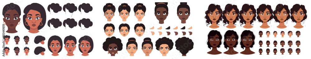 Face constructor for construction of cartoon characters based on African American female faces. Dark skin, long hairstyle, nose, eyes with eyebrows, and lips. Face constructor for construction of cartoon characters based on African American female faces. Dark skin, long hairstyle, nose, eyes with eyebrows, and lips.
