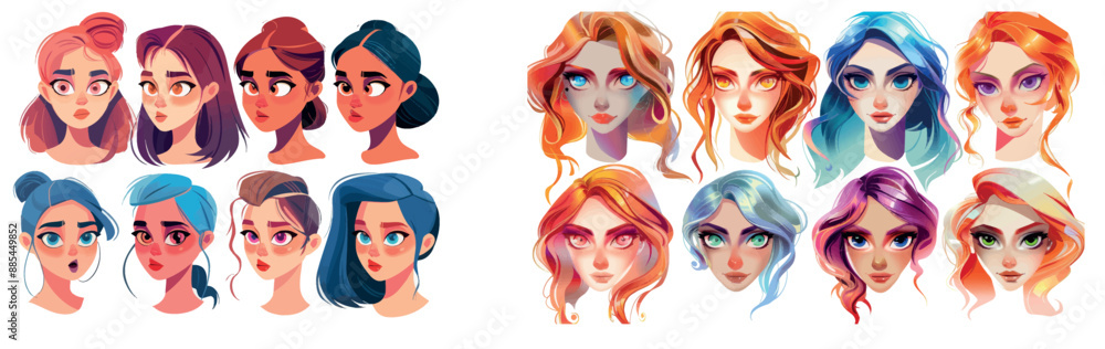 Female character creator, avatar with a caucasian hairstyle, nose, eyes, eyebrows, and lips. Cartoon modern set of female faces, arranged on white. Female character creator, avatar with a caucasian hairstyle, nose, eyes, eyebrows, and lips. Cartoon modern set of female faces, arranged on white.