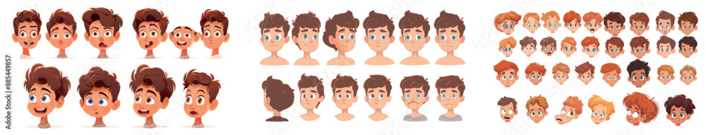 Construction set of boy avatars. Child face creation with heads, eyes, lips and different emotions, noses, hairstyles, eyebrows isolated on white, modern cartoon set. Construction set of boy avatars. Child face creation with heads, eyes, lips and different emotions, noses, hairstyles, eyebrows isolated on white, modern cartoon set.