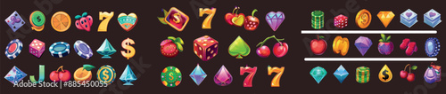 Modern illustration of gambling luck symbols. Colorful cards, poker chips and dice, horseshoe. Dollar sign and diamond for gui design.