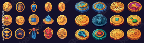 An illustration of ancient Egyptian game coins isolated on a dark background. Modern illustration of gold coins, medals, scarab amulets, antique symbols, and pharaoh treasure.