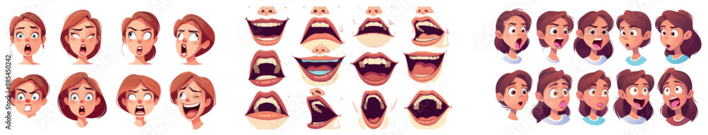Set of mouth animations of a Caucasian young woman isolated on white. Modern cartoon illustration of female head, brows, and lip syncs with sound pronunciation. It depicts happy and angry emotions. Set of mouth animations of a Caucasian young woman isolated on white. Modern cartoon illustration of female head, brows, and lip syncs with sound pronunciation. It depicts happy and angry emotions.