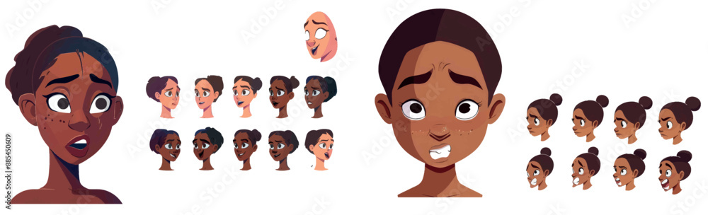 The girl face construction is isolated on a white background. It depicts the head of an African child as well as the eyes, nose, hairstyles, eyebrows, and lips. A cartoon set of black skin kid faces The girl face construction is isolated on a white background. It depicts the head of an African child as well as the eyes, nose, hairstyles, eyebrows, and lips. A cartoon set of black skin kid faces