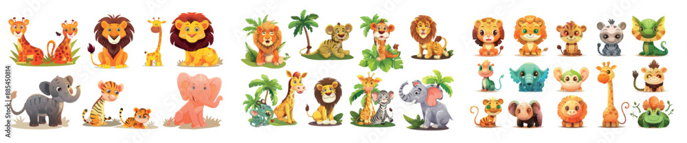 Animals from the jungle – tiger, monkey, zebra, lion, elephant, and crocodile. Predators and herbivores in the jungle, isolated modern illustrations. Animals from the jungle – tiger, monkey, zebra, lion, elephant, and crocodile. Predators and herbivores in the jungle, isolated modern illustrations.