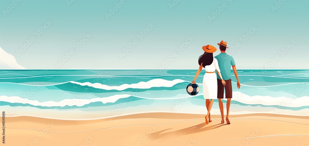Obraz premium Couple walking hand in hand on a sunny beach, gazing at the ocean waves. Perfect vacation or romantic getaway illustration.