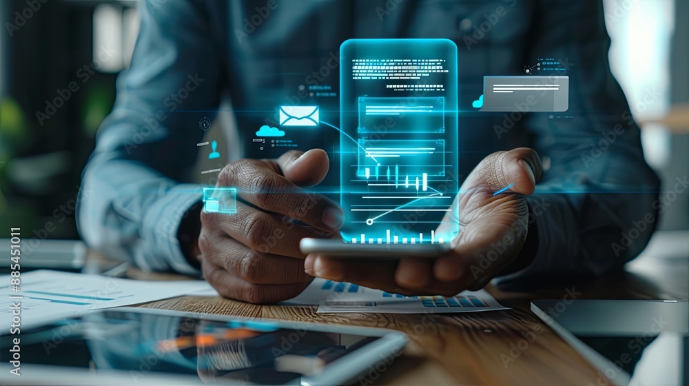 Invoice and online digital statements concept. Businessman using smartphone with invoice icons on virtual screen --ar 16:9 Job ID: a732ca14-c250-45ad-97f4-c061fd6a7a53 Invoice and online digital statements concept. Businessman using smartphone with invoice icons on virtual screen --ar 16:9 Job ID: a732ca14-c250-45ad-97f4-c061fd6a7a53