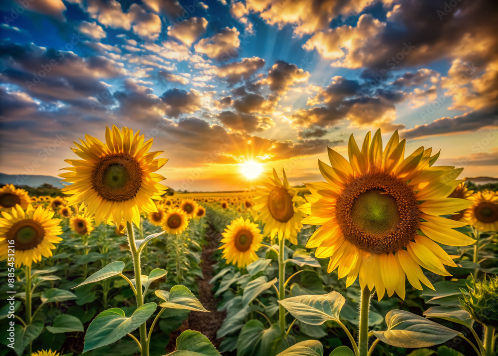 Fototapeta premium Vibrant yellow sunflowers stretch towards the sky in a lush field basking in warm golden light of a serene summer sunset with subtle cloud formations.