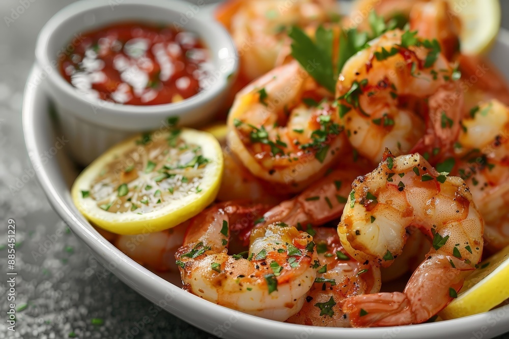 Cocktail shrimp with sauce and lemon slices Cocktail shrimp with sauce and lemon slices