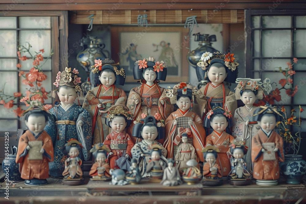 Antique Hinamatsuri dolls and historical ambiance. Antique Hinamatsuri dolls and historical ambiance.