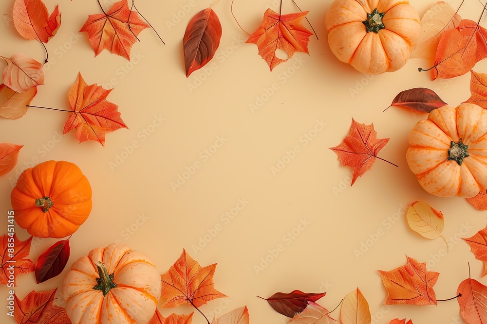 Creative Top view autumn composition. Different pumpkins, colorful leaves on a beige background. Template fall harvest thanksgiving, anniversary invitation card. Halloween flat lay. Horizontal Banner Creative Top view autumn composition. Different pumpkins, colorful leaves on a beige background. Template fall harvest thanksgiving, anniversary invitation card. Halloween flat lay. Horizontal Banner