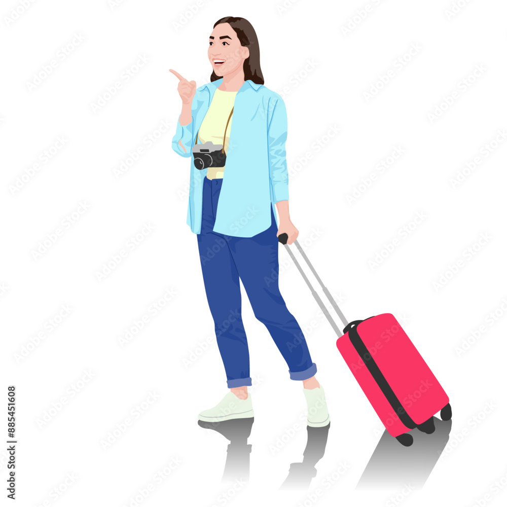 Young woman tourist with camera pointing her finger to the side. Girl in casual clothes with a suitcase. Female traveler goes on a journey. Vector illustration isolated on white Young woman tourist with camera pointing her finger to the side. Girl in casual clothes with a suitcase. Female traveler goes on a journey. Vector illustration isolated on white