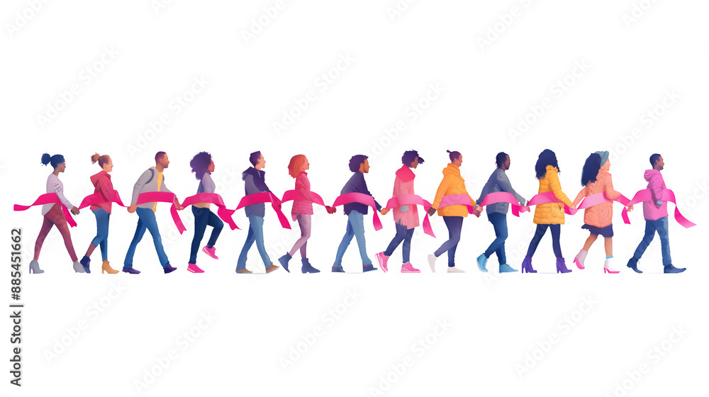 Group of people holding hands with pink ribbons, Breast Cancer Awareness Month, symbolizing unity and support for cancer awareness, png file, isolated on white Group of people holding hands with pink ribbons, Breast Cancer Awareness Month, symbolizing unity and support for cancer awareness, png file, isolated on white