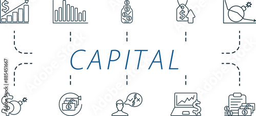 Capital outline icons set. Creative icons: profit, chart, saving, increase cost, risk reduction, investment risk, return of investment, decision, investing data, financial assets.