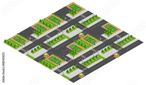 Cityscape with basketball courts and cars driving on the road