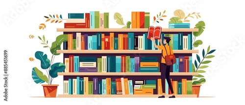 Illustration of a person reading a book in a colorful library with plants and bookshelves, emphasizing knowledge and relaxation.