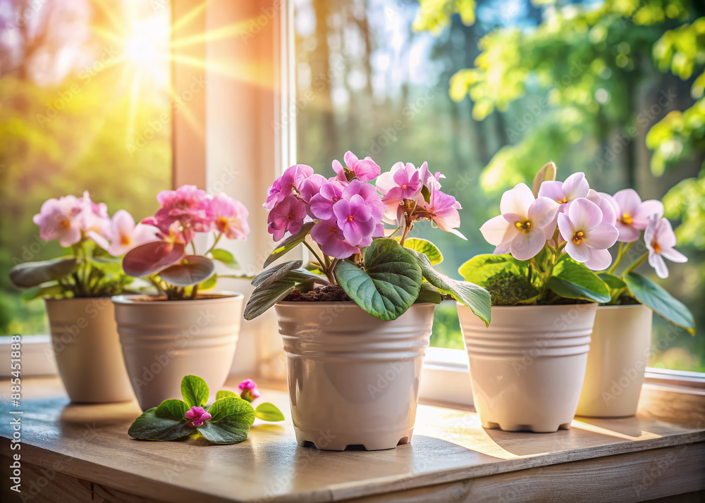 Delicate pink violets spill out of white ceramic flower pots, overflowing with lush greenery, sitting serenely on a sun-drenched windowsill, surrounded by soft natural light. Delicate pink violets spill out of white ceramic flower pots, overflowing with lush greenery, sitting serenely on a sun-drenched windowsill, surrounded by soft natural light.