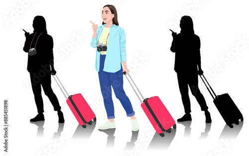 Young woman tourist with camera pointing her finger to the side. Girl in casual clothes with a suitcase. Female traveler goes on a journey. Vector illustration isolated on white