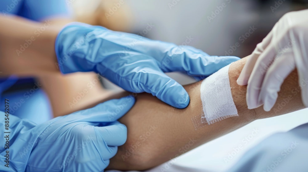 Healing Touch Compassionate Doctor Applying Bandage to Patient's Arm with Blue Gloves Healing Touch Compassionate Doctor Applying Bandage to Patient's Arm with Blue Gloves