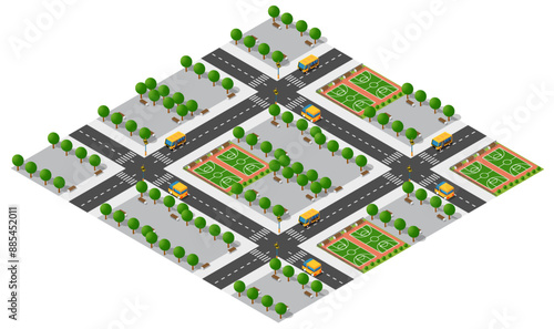 Isometric city map with basketball courts and school buses driving on the road