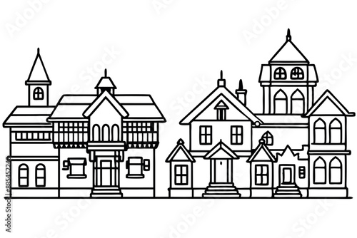 Victorian House Line Art Design Illustration Historic Building Drawing