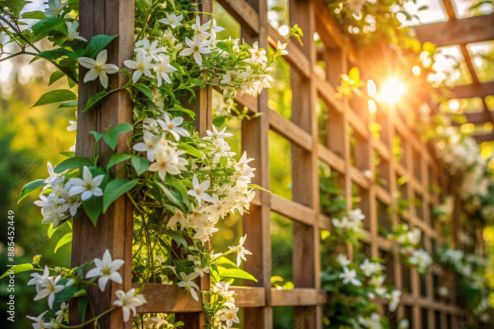 Delicate jasmine vines with fragrant white blooms climb a rustic wooden trellis, gently swaying in the breeze as warm sunlight filters through lush green leaves. Delicate jasmine vines with fragrant white blooms climb a rustic wooden trellis, gently swaying in the breeze as warm sunlight filters through lush green leaves.