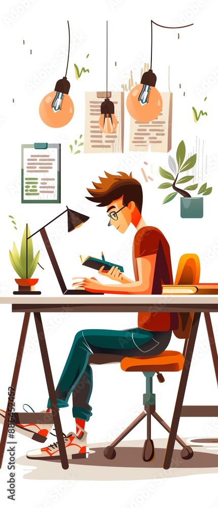 Fototapeta premium Young student with glasses concentrating on work at a desk, surrounded by plants and notes, under hanging bulbs. Artistic and productive workspace.
