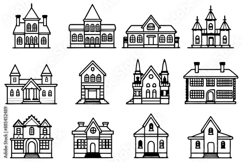 Victorian House Line Art Design Illustration Traditional Architecture Drawing