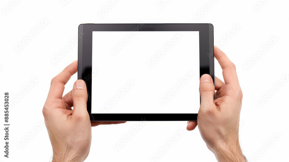 Pair of hands holding a black tablet with a blank white screen, isolated on a white background, ready for customization. Pair of hands holding a black tablet with a blank white screen, isolated on a white background, ready for customization.