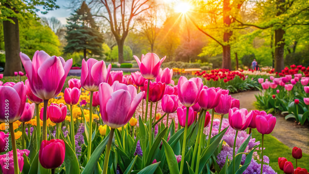 Obraz premium Vibrant pink tulips bloom in a lush park garden, creating a stunning spring scene with a natural backdrop of colorful seasonal plants, evoking serenity.