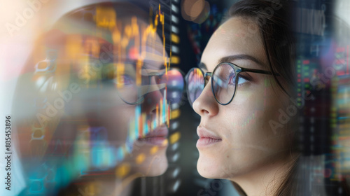 A thoughtful woman with glasses analyzes stock figures displayed on a high-tech screen, symbolizing precision and intellect in the financial sector. © VK Studio
