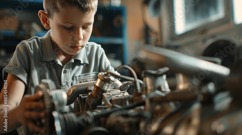 Wallpaper Mural A young boy focuses on working with engine parts in a well-lit workshop, showcasing his curiosity and engineering skills. Torontodigital.ca