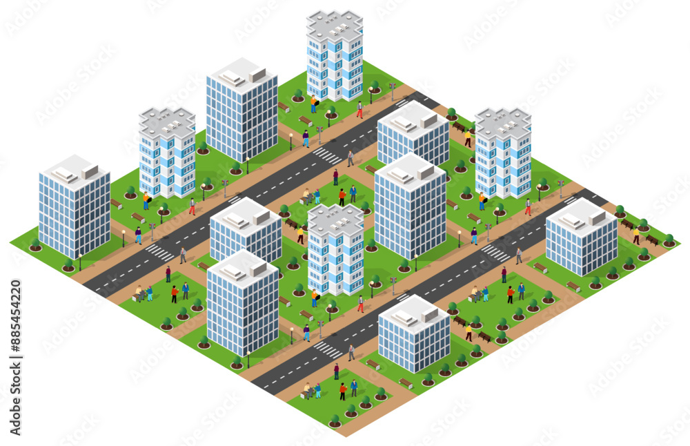 Modern isometric city with people walking and relaxing in a park Modern isometric city with people walking and relaxing in a park