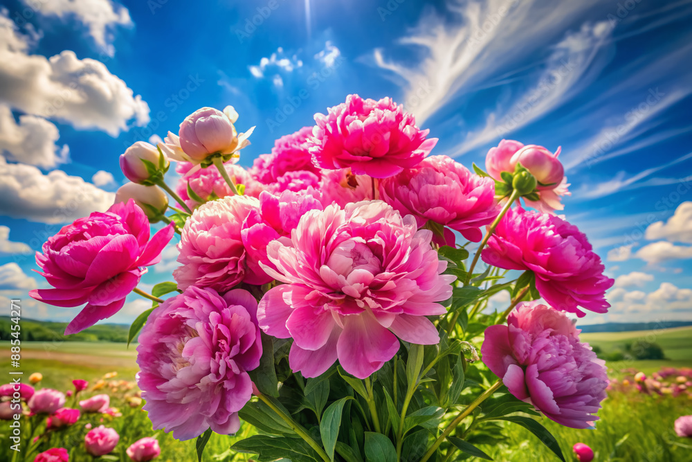 Vibrant pink peonies bloom in a lush bouquet amidst a sun-kissed meadow, set against a tranquil blue sky with wispy white clouds, evoking serenity and elegance. Vibrant pink peonies bloom in a lush bouquet amidst a sun-kissed meadow, set against a tranquil blue sky with wispy white clouds, evoking serenity and elegance.