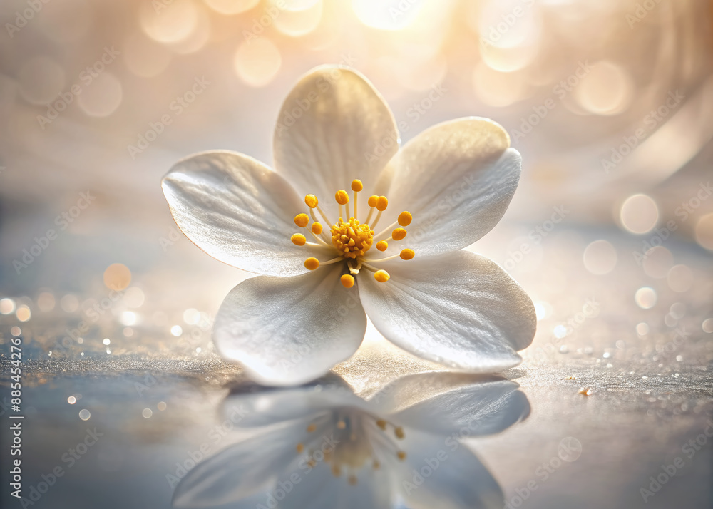 Delicate white flower with five petals and golden center isolated on transparent background, softly focused with gentle shadows and subtle natural textures visible. Delicate white flower with five petals and golden center isolated on transparent background, softly focused with gentle shadows and subtle natural textures visible.