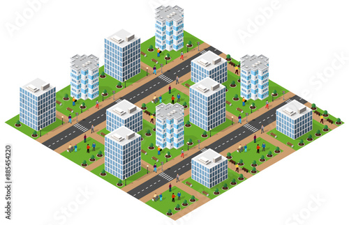 Modern isometric city with people walking and relaxing in a park