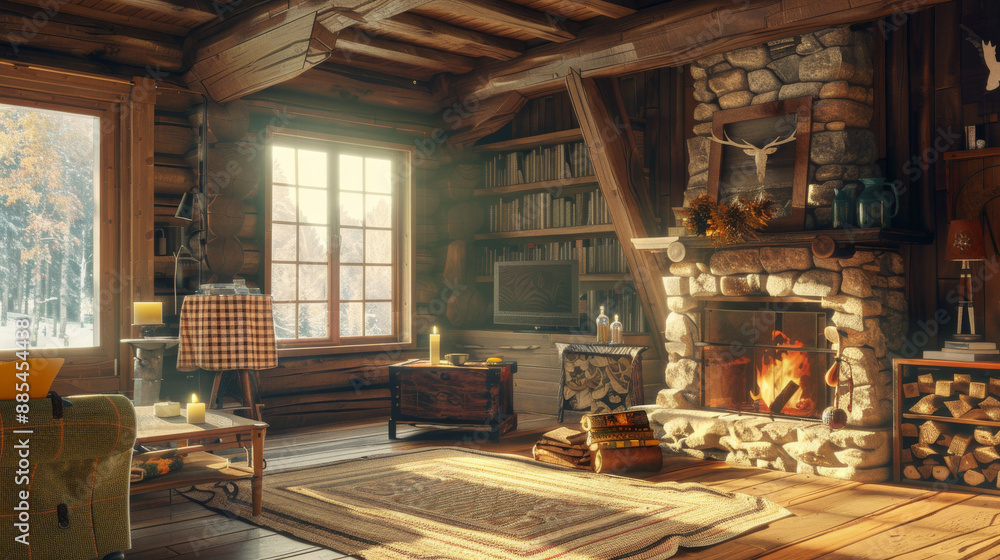 A rustic log cabin interior with a roaring fireplace, wooden furniture, and a window showcasing a snowy landscape, evoking a warm, festive atmosphere. A rustic log cabin interior with a roaring fireplace, wooden furniture, and a window showcasing a snowy landscape, evoking a warm, festive atmosphere.