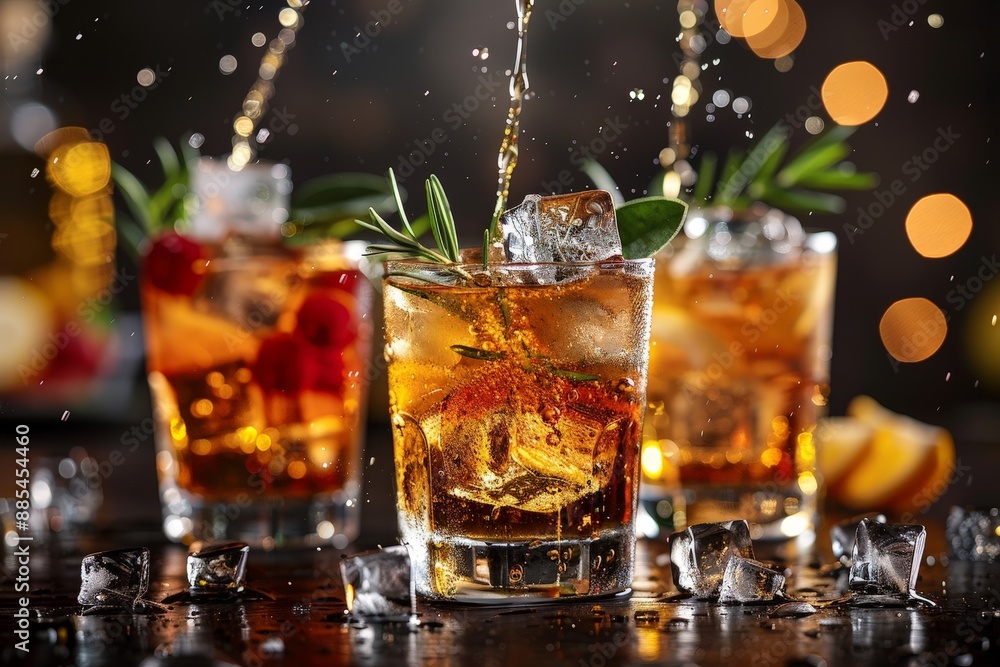Cocktails with garnishes and ice cubes suspended mid-pour Cocktails with garnishes and ice cubes suspended mid-pour