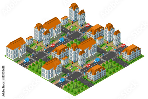 Isometric city center with people walking and driving cars