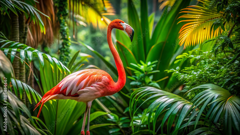 Fototapeta premium Vibrant pink flamingo stands tall amidst lush green foliage in a serene jungle landscape, its elegant neck and legs a striking contrast to its surroundings.