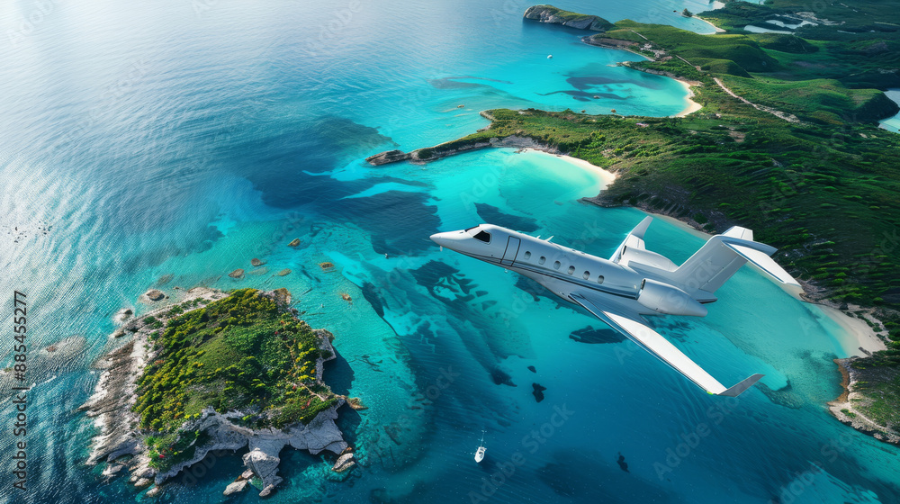 Obraz premium A sleek private jet soars over turquoise waters and lush islands, showcasing a luxury escape and adventure from a stunning aerial perspective.